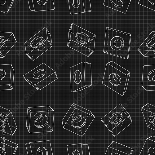 Mechanical engineering drawings on black background. Cutter, assembly tool with replaceable multi-faceted plate. Technical Design. Cover. Blueprint. Vector illustration. Seamless pattern.