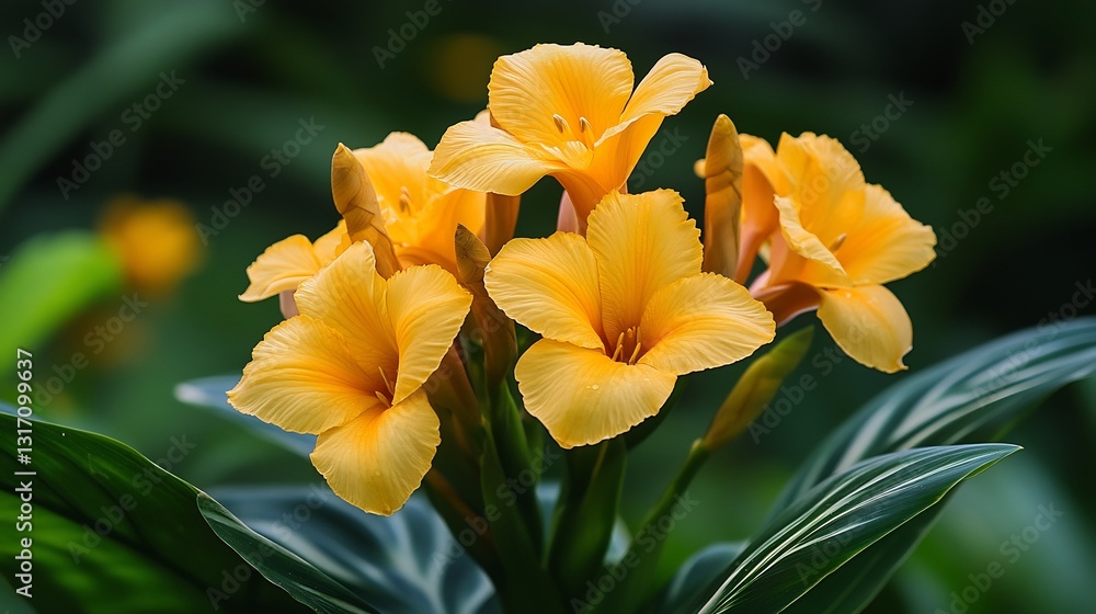 Fototapeta premium Vibrant yellow flowers bloom softly illuminated by warm sunlight. AI Generated