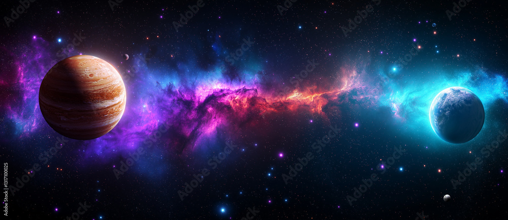 stunning space landscape featuring vibrant nebula, with large planet on left and smaller planet on right. colorful cosmic background creates sense of wonder and exploration stunning space landscape featuring vibrant nebula, with large planet on left and smaller planet on right. colorful cosmic background creates sense of wonder and exploration