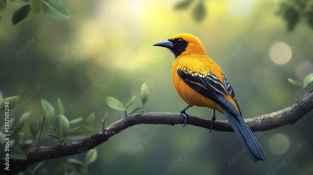 Naklejka premium Vibrant Orange-Backed Bird Perched on a Tree Branch