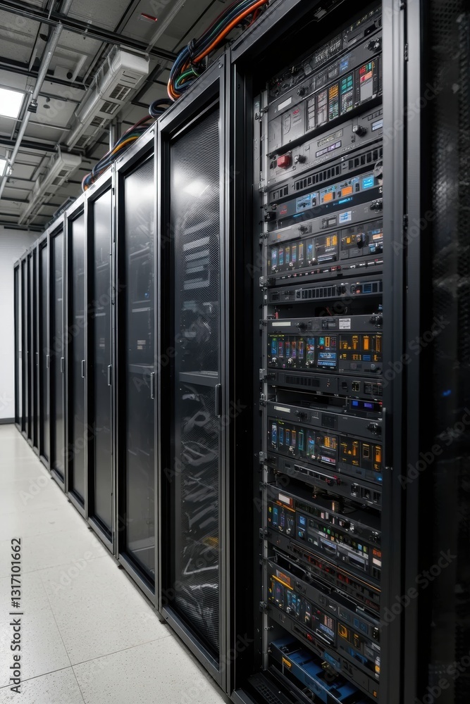 Interior of a Modern Data Center Featuring Multiple Server Racks with Advanced Technology