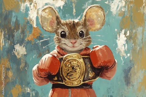 Un ratón adorable viste guantes de boxeo y sostiene un cinturón de campeón, mostrando valentía y triunfo. photo