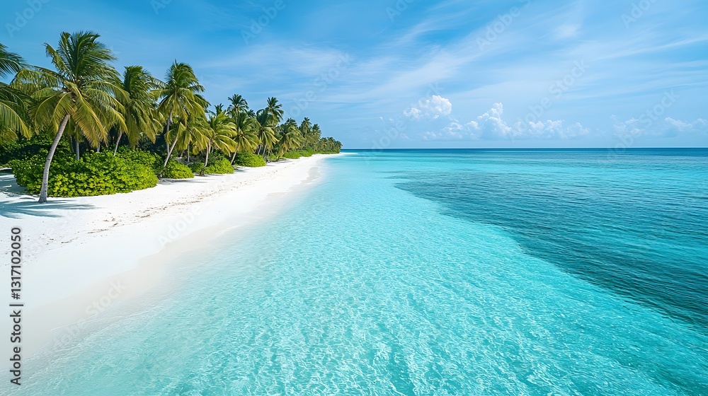 Fototapeta premium White sandy beach with crystalline turquoise waters and swaying palm trees lines tropical coastline, featuring brilliant clear sky and powdery sand in idyllic Caribbean or Maldives island scene.
