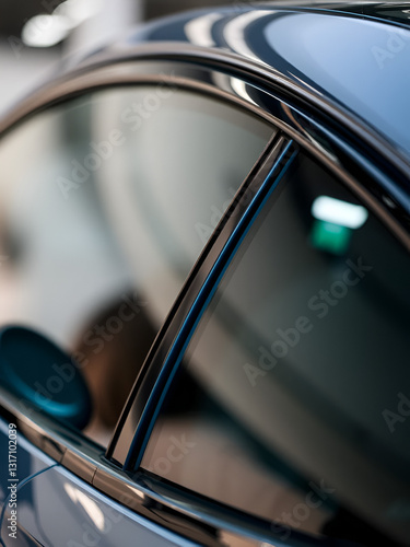 Side view of car window tint, ceramic film provides heat rejection and UV protection with stable color, car film installed on the glass surface of the , selected focus car tinting service