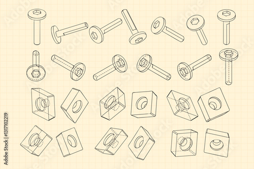 Mechanical engineering drawings on sepia background. Cutter, assembly tool with replaceable multi-faceted plate. Technical Design. Cover. Blueprint. Vector illustration.