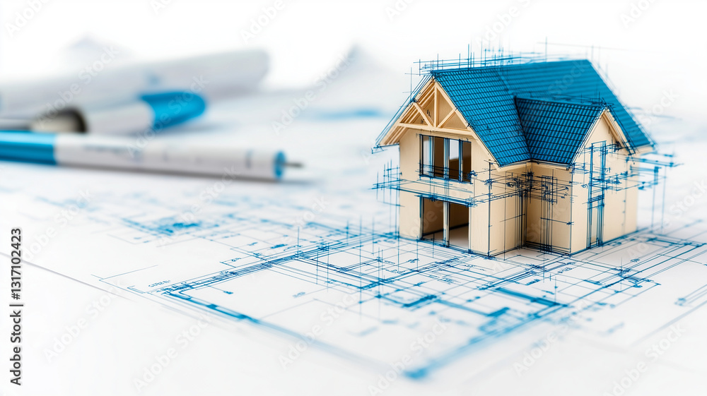 detailed architectural blueprint featuring miniature house model, showcasing design elements and construction plans. image conveys creativity and precision in architecture detailed architectural blueprint featuring miniature house model, showcasing design elements and construction plans. image conveys creativity and precision in architecture
