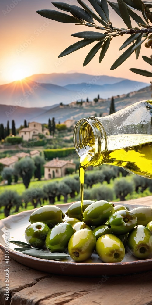 Olive oil and delicious olives on background of picturesque olive grove and mountain village.