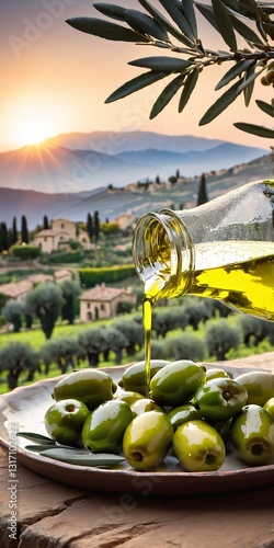 Obraz na płótnie Olive oil and delicious olives on background of picturesque olive grove and mountain village. w salonie