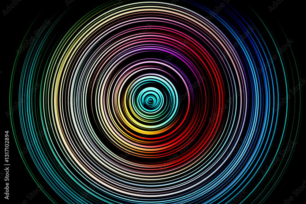 Fototapeta premium Abstract radial motion blur in blue, yellow, red, green tones .Colorful multicolor concentric circles in the form of a whirl background texture, radial blur, abstract twist, funnelfor label, textiles 
