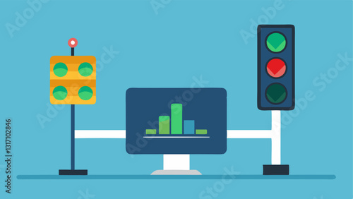 Smart Traffic Lights An illustration of a traffic light with a screen displaying realtime data changing colors automatically based on traffic density around it.