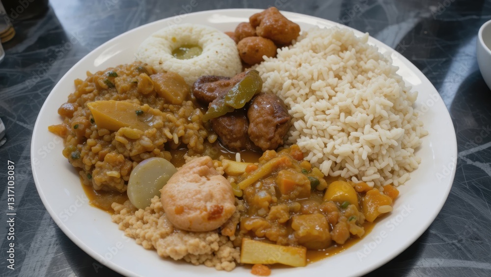 Plate of Diverse Culinary Dishes Including Curry, Rice, and Fried Snacks Served Together Plate of Diverse Culinary Dishes Including Curry, Rice, and Fried Snacks Served Together