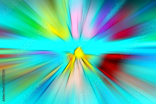 Abstract radial zoom blur surface of green, pink, blue, red and yellow tones. Bright colorful background with radial, radiating, converging lines.	
