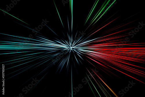 Abstract surface of blur radial zoom in blue, red  and green tones on black background. Bright spectacular background with radial, diverging, converging lines.	