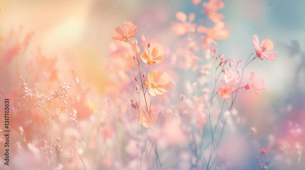 Colorful pastel flowers in a meadow, spring wildflowers, pastel background, ample copy space for text, for cosmetics, spa, perfume, beauty salon, florist shop. Colorful pastel flowers in a meadow, spring wildflowers, pastel background, ample copy space for text, for cosmetics, spa, perfume, beauty salon, florist shop.