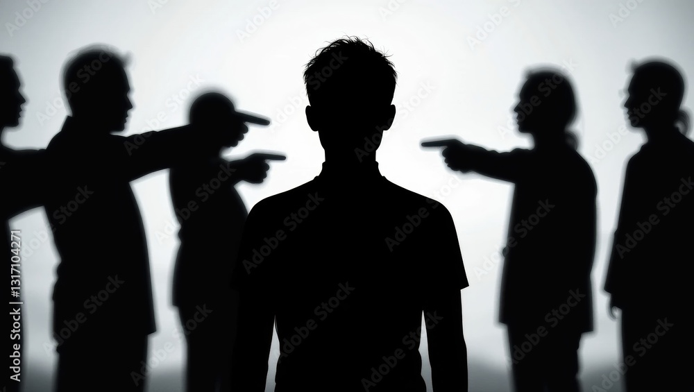 Silhouette of an Individual Surrounded by Pointing Shadows in a Dramatic Accusation Scene Silhouette of an Individual Surrounded by Pointing Shadows in a Dramatic Accusation Scene