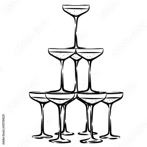 Glass Tower Illustration Champagne Tower Line Art  Champagne Glass Pyramid Outline Champagne Flowing Line Art Line Art for Wedding Vector Beverage Illustration Coupe Glass Isolated Celebration Element