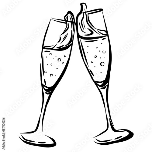 two champagne glasses toasting splash of liquid outline champagne toast hand drawn champagne glasses clinking illustration cheer celebration element beverage vector
