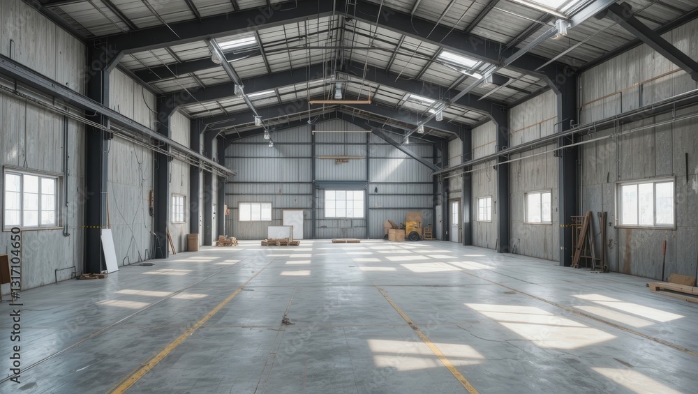 Spacious and Bright Interior of an Industrial Warehouse with High Ceilings and Abundant Natural Light Spacious and Bright Interior of an Industrial Warehouse with High Ceilings and Abundant Natural Light