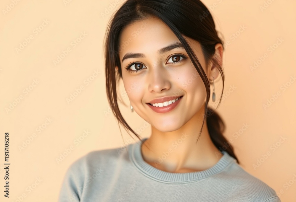 Photorealistic portrait of a female on a warm colored background Photorealistic portrait of a female on a warm colored background