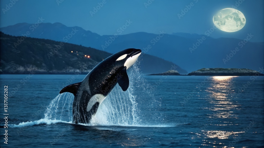 Fototapeta premium Majestic Midnight: Orca's Ocean Glow - Low Light Killer Whale Photography