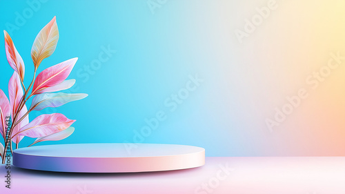 vibrant abstract background featuring circular platform and colorful leaves. gradient transitions from blue to soft peach, creating serene atmosphere perfect for presentations