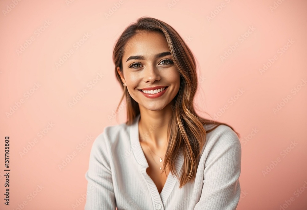 Natural light portrait of a smiling female model on a warm pastel background Natural light portrait of a smiling female model on a warm pastel background