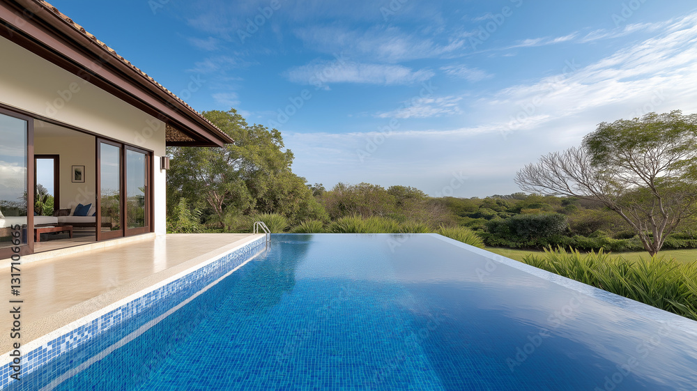Fototapeta premium Luxurious home with infinity pool overlooking lush garden and landscape. serene atmosphere invites relaxation and enjoyment of nature beauty