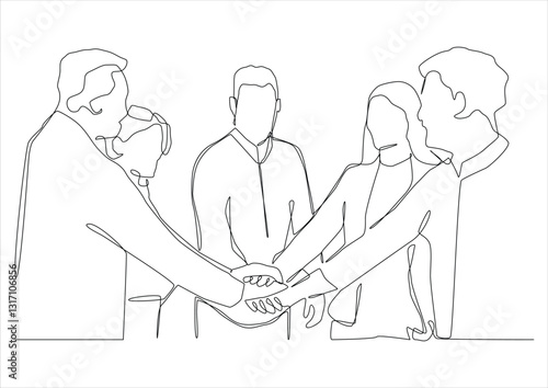 Continuous one line art of group of people from men and women put their hands together, the concept solidarity, teamwork, association, groups of friends, friendly team, sports team, team building.