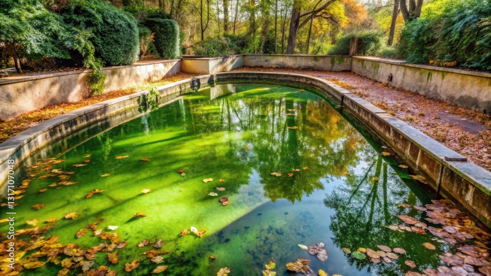 Serene Autumnal Reflection in a Verdant Still Pond, Encased Within Ancient Stonework Serene Autumnal Reflection in a Verdant Still Pond, Encased Within Ancient Stonework