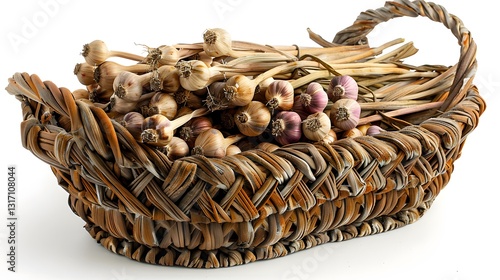 A rustic-style womana??s basket with fresh garlic bulbs, dried stems still attached, isolated on a white background. photo