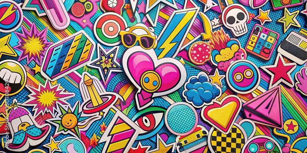 Naklejka premium A vibrant collection of playful stickers featuring various shapes, patterns, and bold colors, creating a dynamic and energetic visual experience.