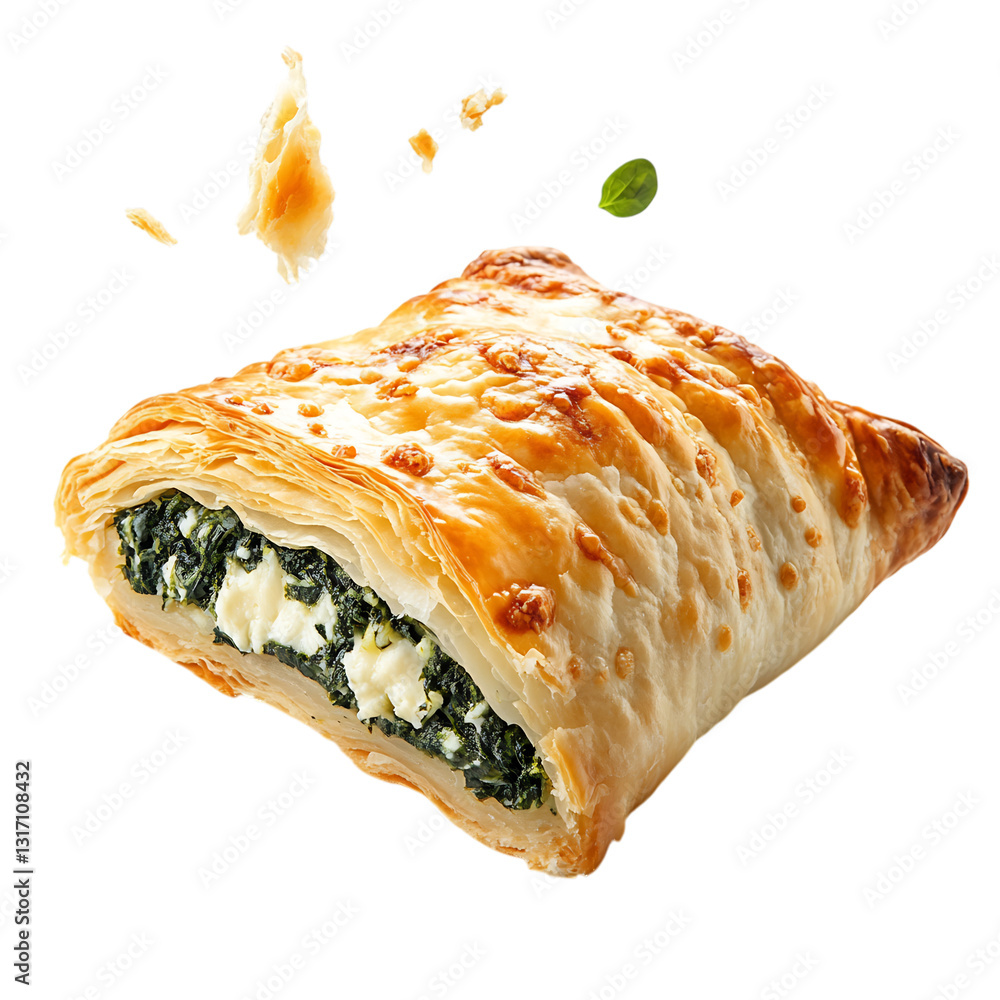 A Delicious Spinach and Cheese Stuffed Pastry Flying O Isolated on Transparent Background A Delicious Spinach and Cheese Stuffed Pastry Flying O Isolated on Transparent Background
