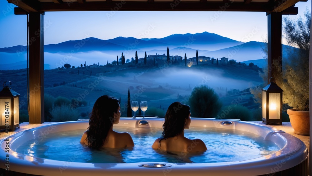 Relaxing Evening in Outdoor Hot Tub woman tourism, travel, vacation tuscany Ai