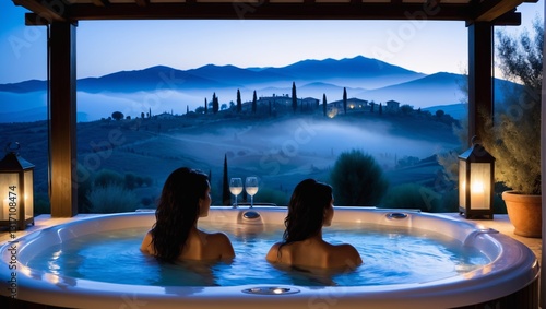 Obraz na płótnie Relaxing Evening in Outdoor Hot Tub woman tourism, travel, vacation tuscany Ai w salonie