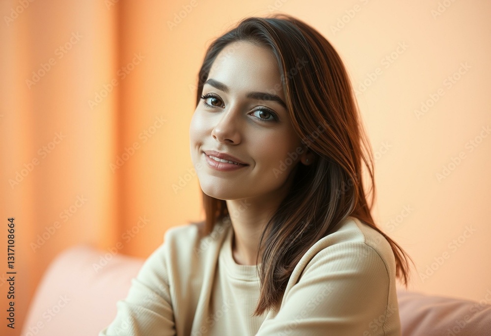 Photorealistic natural light portrait of a female on a warm pastel background Photorealistic natural light portrait of a female on a warm pastel background