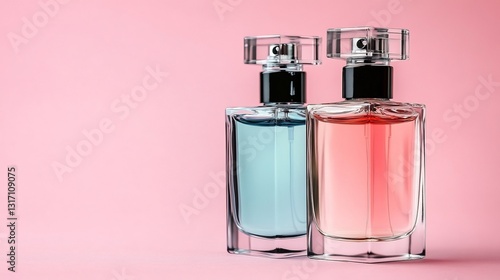 Two elegant perfume bottles softly lit against a pink background. AI Generated