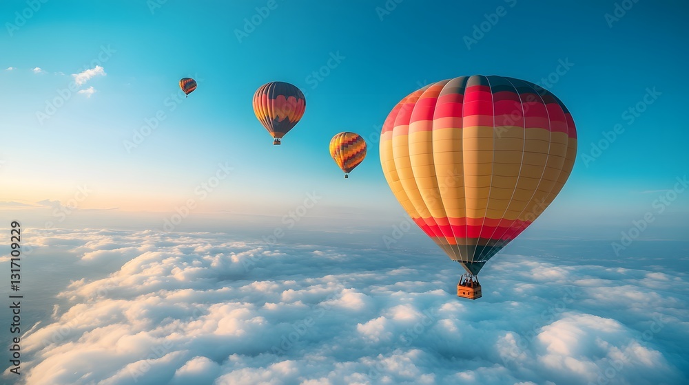 Naklejka premium Vibrant hot air balloons float in clear blue sky with multicolored designs, drifting above fluffy clouds in serene, dreamy travel scene capturing freedom and inspirational wanderlust.