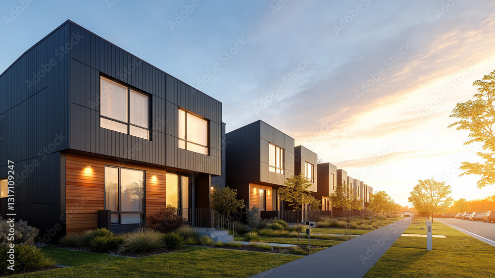 Obraz premium Modern row of houses with black panels and wooden accents, showcasing contemporary architecture. scene captures serene sunset, enhancing beauty of neighborhood