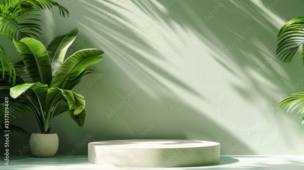 Minimalist podium with leaves on a clean background for product presentation displays Minimalist podium with leaves on a clean background for product presentation displays