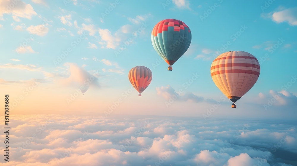 Naklejka premium Vibrant hot air balloons float in clear blue sky with multicolored designs, drifting above fluffy clouds in serene, dreamy travel scene capturing freedom and inspirational wanderlust.