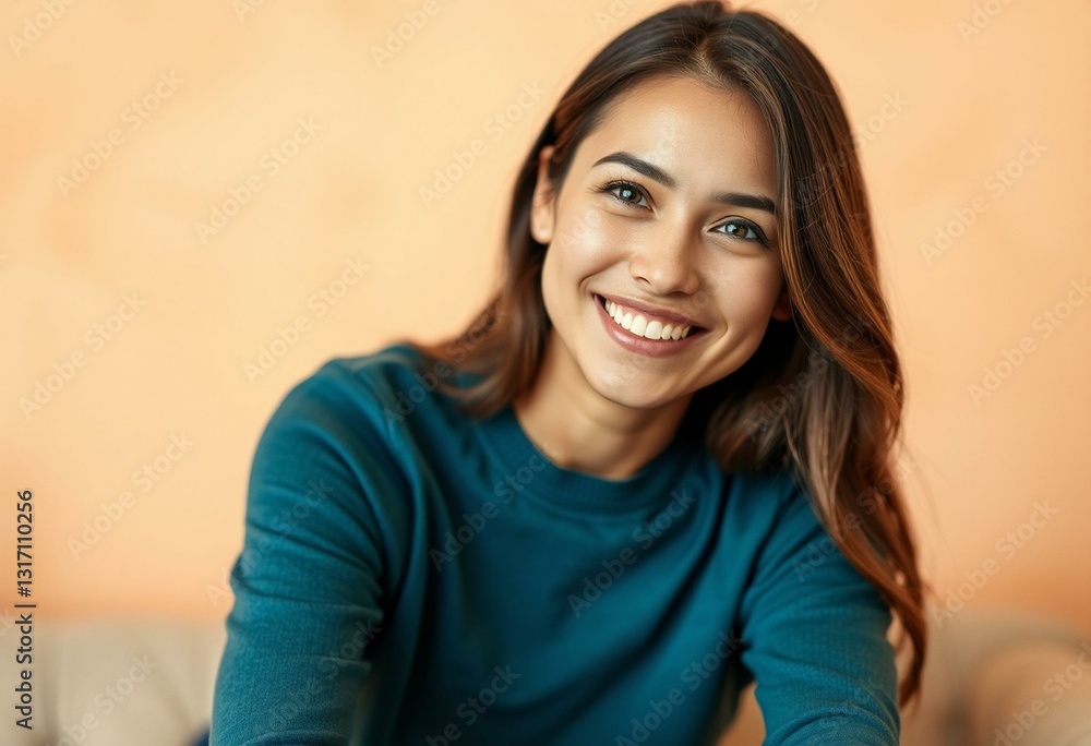 Warm pastel background portrait of a smiling female person Warm pastel background portrait of a smiling female person