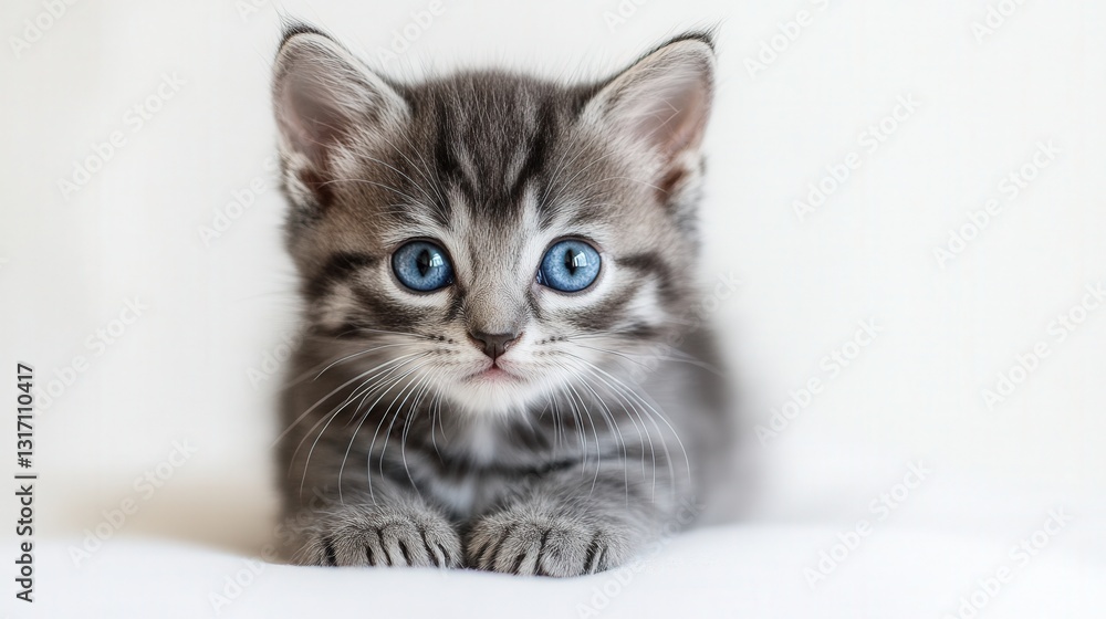 A gray tabby kitten with mesmerizing blue eyes lounges on a pristine white surface. Its head tilts gently right as it gazes into the distance, creating an endearing portrait of innocence and curiosity A gray tabby kitten with mesmerizing blue eyes lounges on a pristine white surface. Its head tilts gently right as it gazes into the distance, creating an endearing portrait of innocence and curiosity