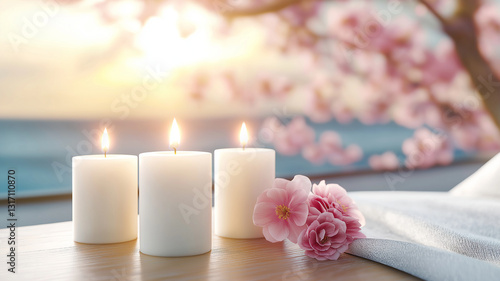 Three white candles on bedside table, surrounded by pink flowers, create serene atmosphere. soft glow of candles complements beautiful sunset in background, enhancing tranquil setting