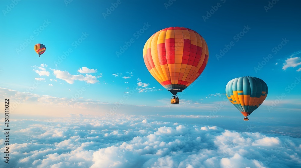 Vibrant hot air balloons float in clear blue sky with multicolored designs, drifting above fluffy clouds in serene, dreamy travel scene capturing freedom and inspirational wanderlust. Vibrant hot air balloons float in clear blue sky with multicolored designs, drifting above fluffy clouds in serene, dreamy travel scene capturing freedom and inspirational wanderlust.