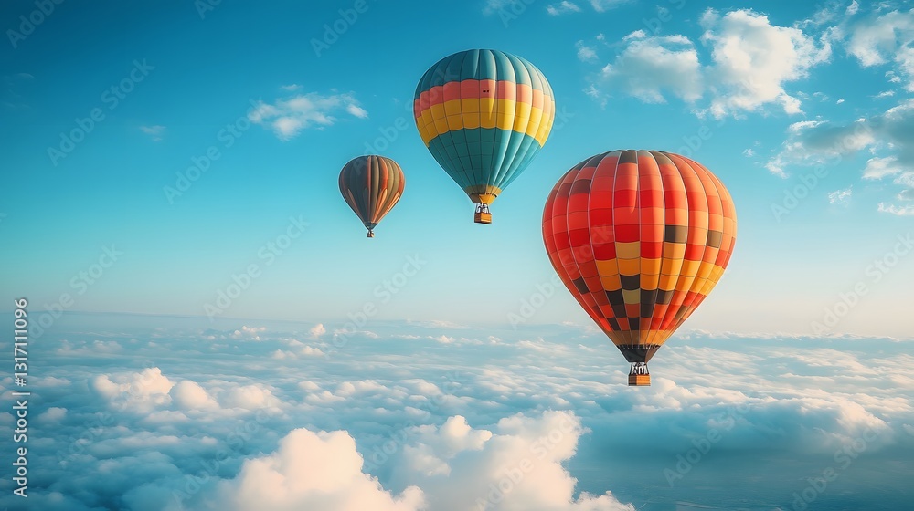 Fototapeta premium Vibrant hot air balloons float in clear blue sky with multicolored designs, drifting above fluffy clouds in serene, dreamy travel scene capturing freedom and inspirational wanderlust.