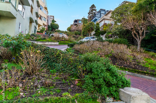 A view of the higher section of  Lombard Street at sunset in San Francisco in early springtime