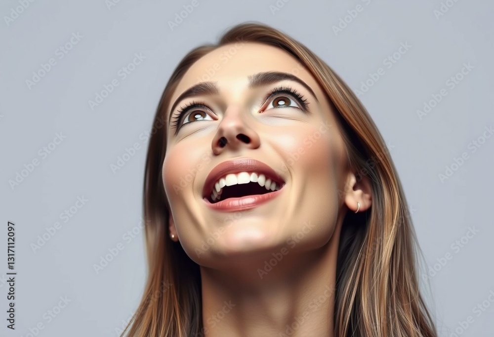 Female portrait with upward gaze, mouth open, and sparkling eyes Female portrait with upward gaze, mouth open, and sparkling eyes