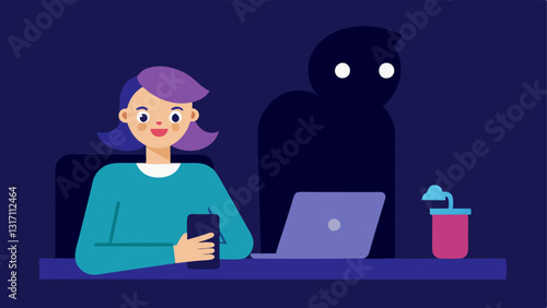 Romance Scam An of a person sitting at a desk smiling at their phone while a shadowy figure lurks behind them ing a scammer falsely building a romantic