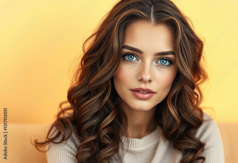 Naklejka premium Female portrait on warm pastel background
