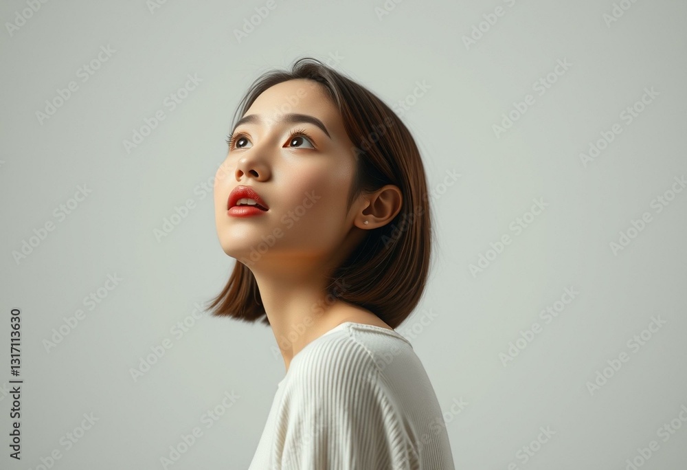 Photorealistic portrait of a young woman gazing upward Photorealistic portrait of a young woman gazing upward